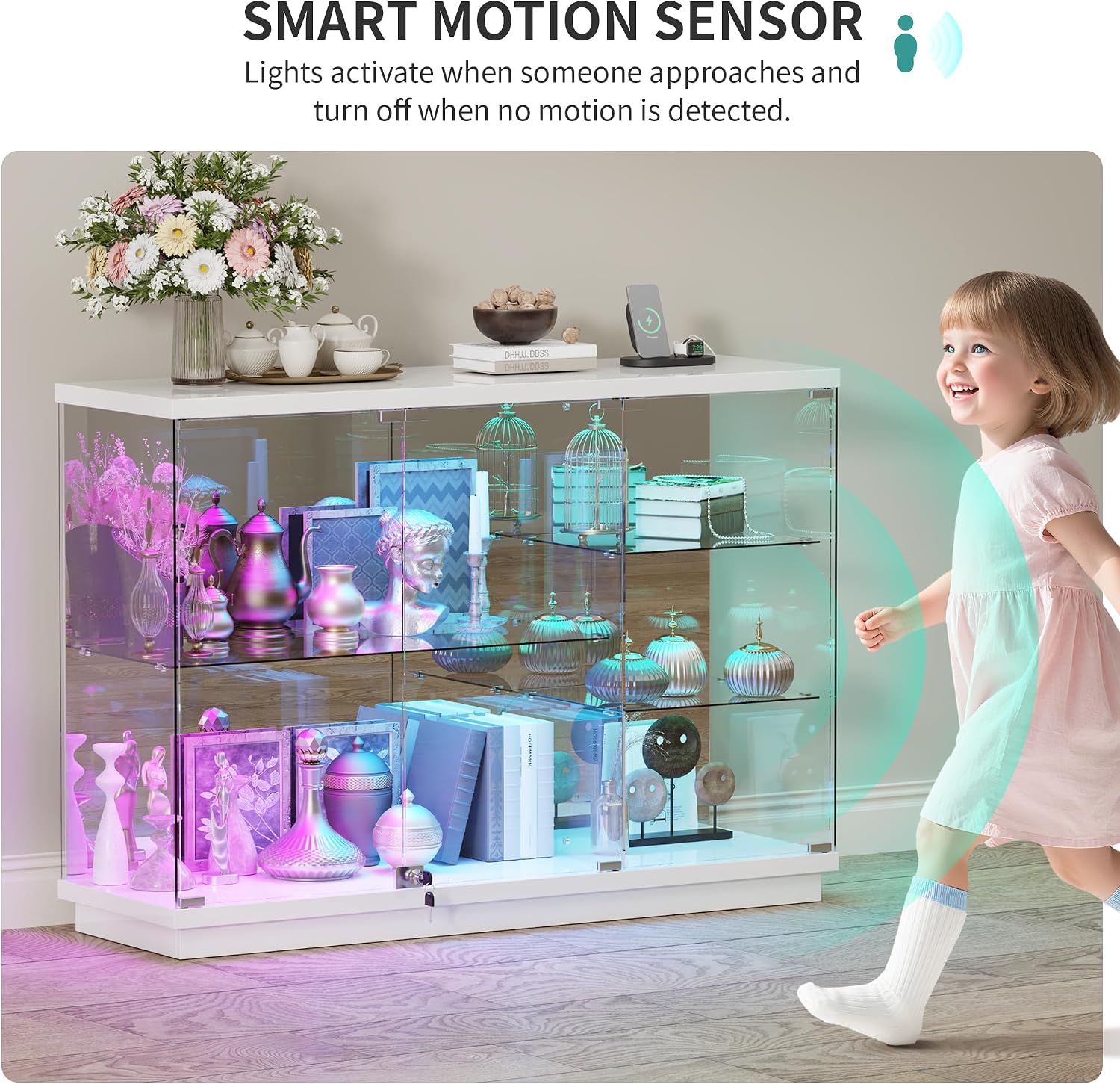 RGB Glass Display Cabinet - with Human Body Sensor, High Gloss Sideboard with Lock & Glass Shelves for Toys, Books, Collectibles, Liquor, Bookcase for Living Room, Kitchen, Study, White