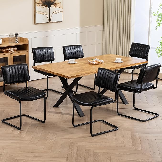 Cantilever Dining Chairs Set of 6, Mid Century Modern Dining Chairs with Black Metal Legs, Upholstered Leather Kitchen Chairs, Armless Cantilever Chair for Kitchen & Living Room, Black