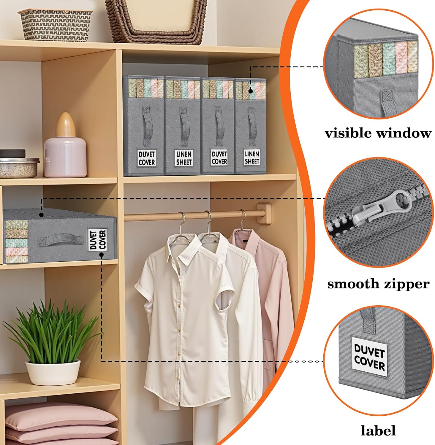 WOWBOX Bed Sheet Organizers and Storage,Closet Organizer Under Bed Storage | Bed Sheet Organizer with Label Cards & Clear Window for Bedding Sheets,Duvet Covers,Blankets (6 Pack,Gray)