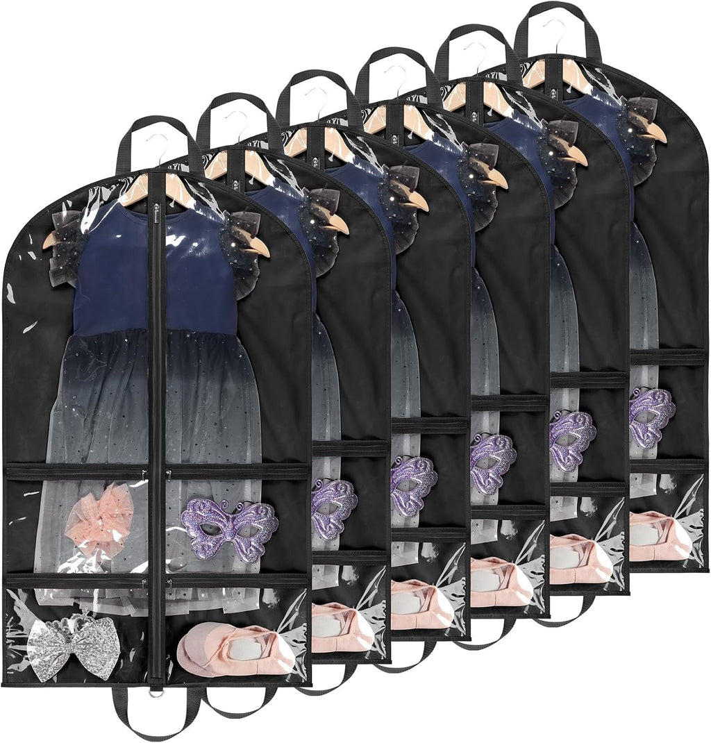 KEEGH 40 inch Clear Garment Bags for Dance Costumes, Black, 6 Pack | 4 Zipper Pockets, for Dance Competitions, Ballet, Theatre, Dance Garment Bags for Dancers, Hanging Clothes for Closet Storage