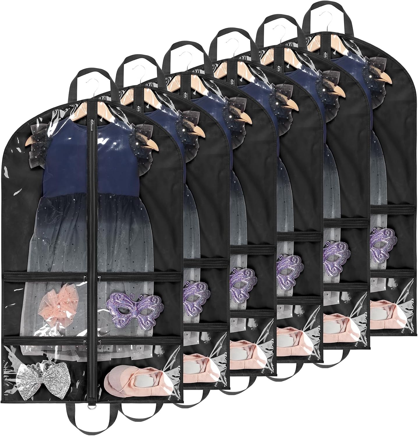 KEEGH 40 inch Clear Garment Bags for Dance Costumes, Black, 6 Pack | 4 Zipper Pockets, for Dance Competitions, Ballet, Theatre, Dance Garment Bags for Dancers, Hanging Clothes for Closet Storage