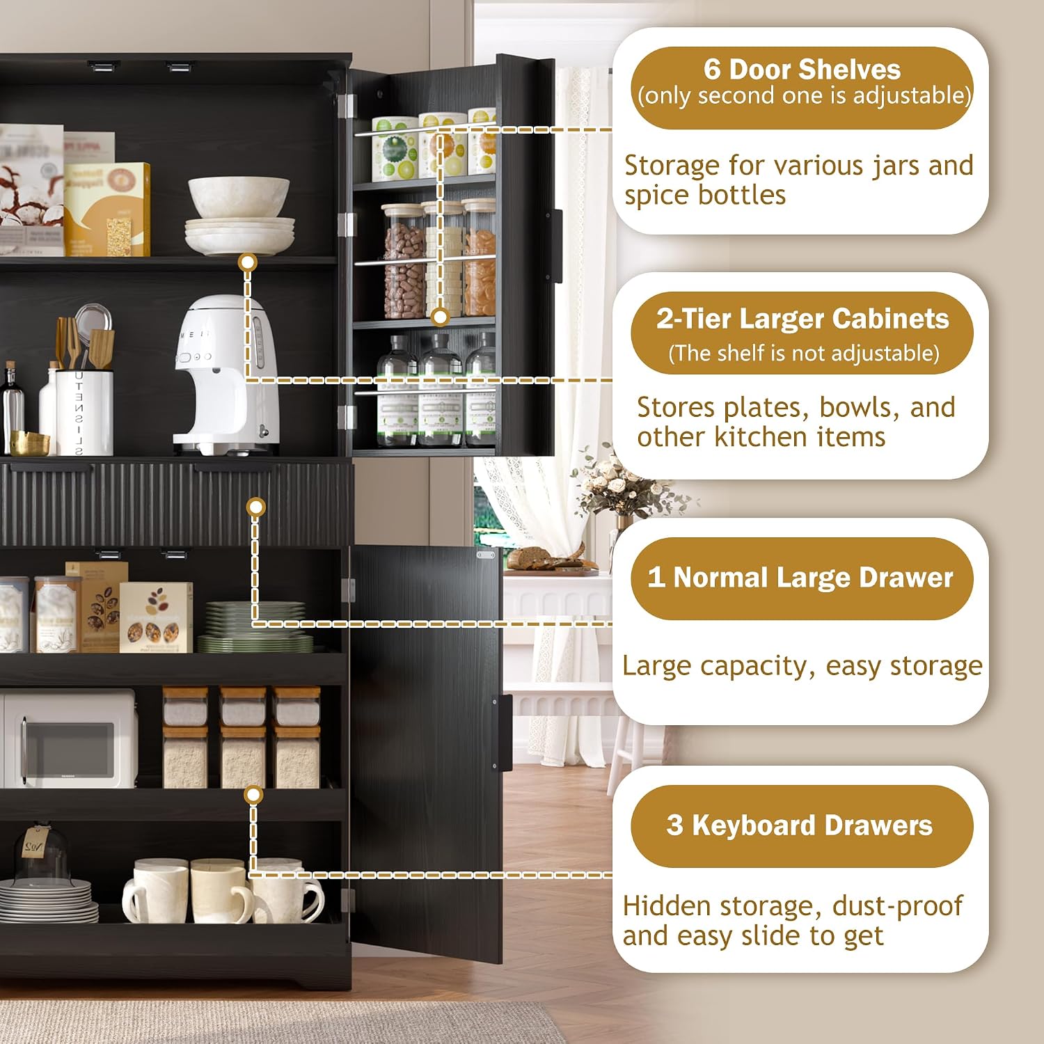 Spaco 72" Fluted Kitchen Pantry Cabinet,Modern Cupboard Storage Cabinet with 3 Keyboard Drawers & 6 Adjustable Door Shelves,Freestanding Kitchen Hutch for Living Room,Dining Room. (Black)