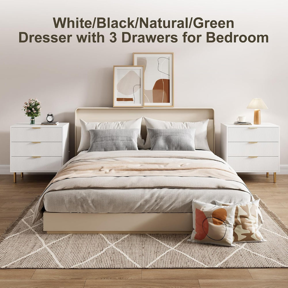 IDEALHOUSE Modern White 3 Drawer Dresser for Bedroom with Gold Handles