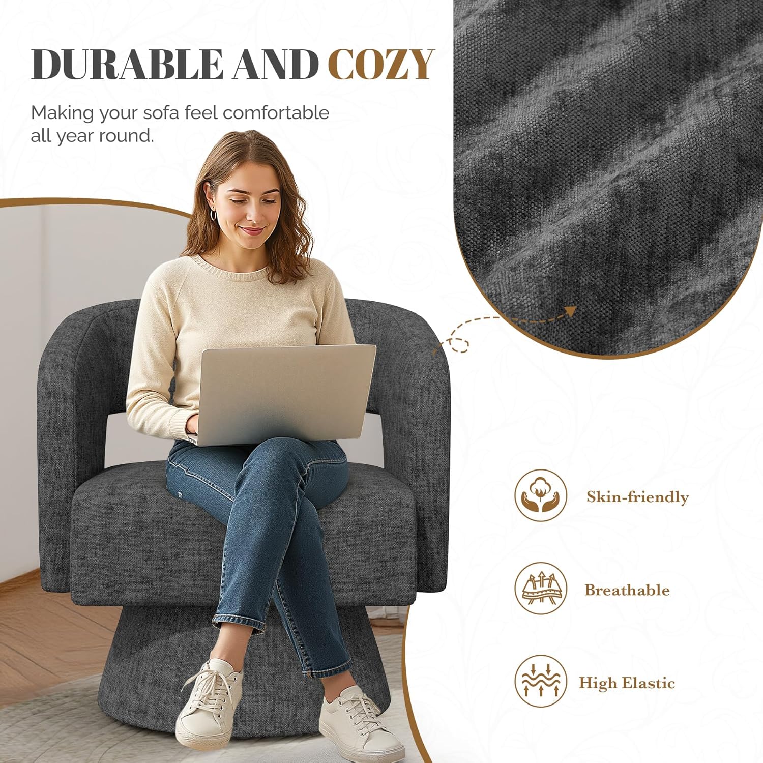 Luxanimarion Swivel Barrel Accent Chair,Oversized Teddy Upholstered Round Swivel Chair,Modern Luxury 360 Degree Living Room Vanity Chair for Bedroom Office,Black Chenille,2PCS