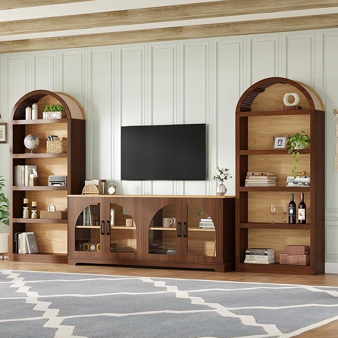 3-Piece Farmhouse TV Stand Set with Bookshelf for TVs Up to 70", Two-Tone Wood Grain Entertainment Center with Arched Design, Retro Sideboard with Tempered Glass Doors for Living Room (Walnut+Natural)