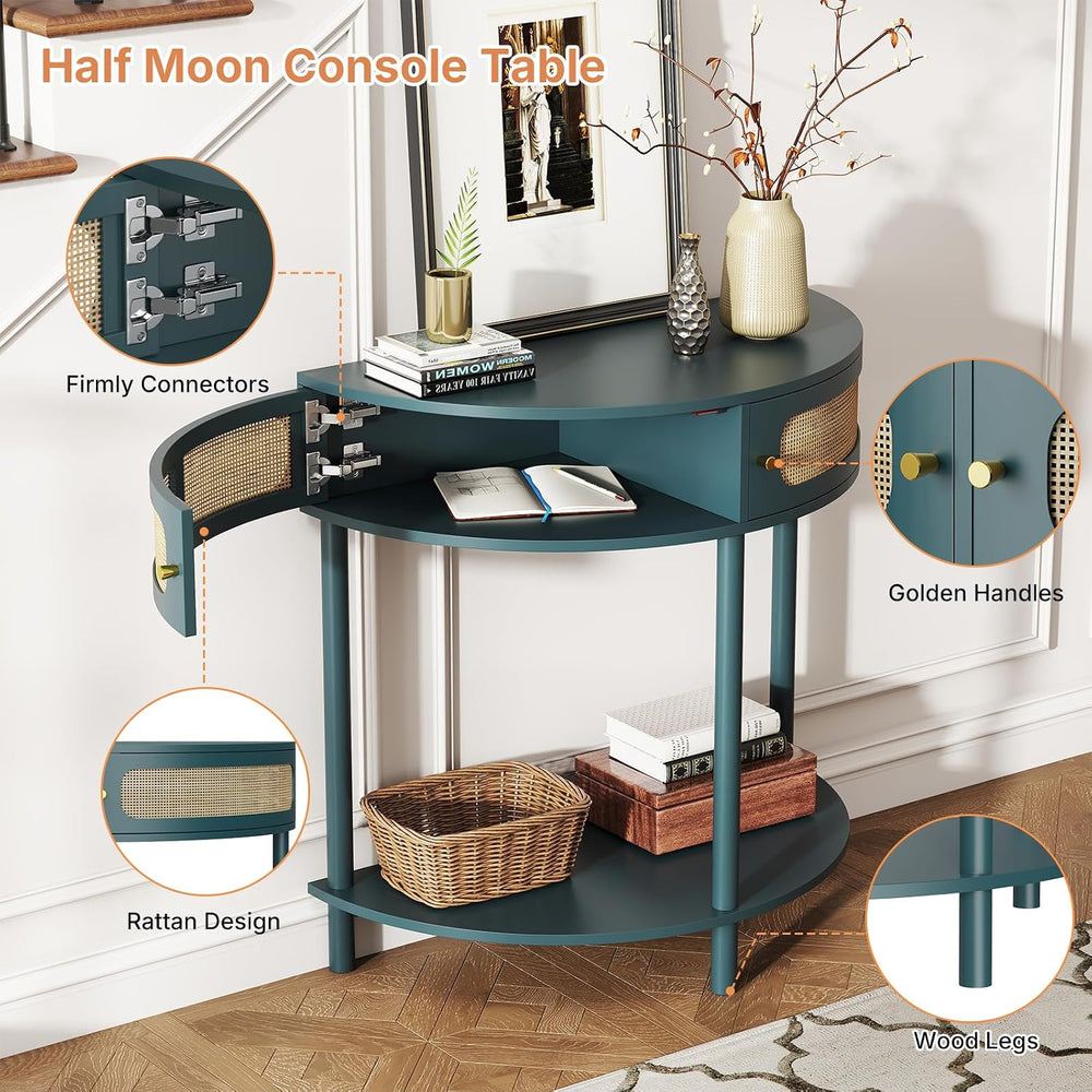 Rovibek 31.5 Inches Rattan Half Moon Console Table for Entryway - Small Entry...