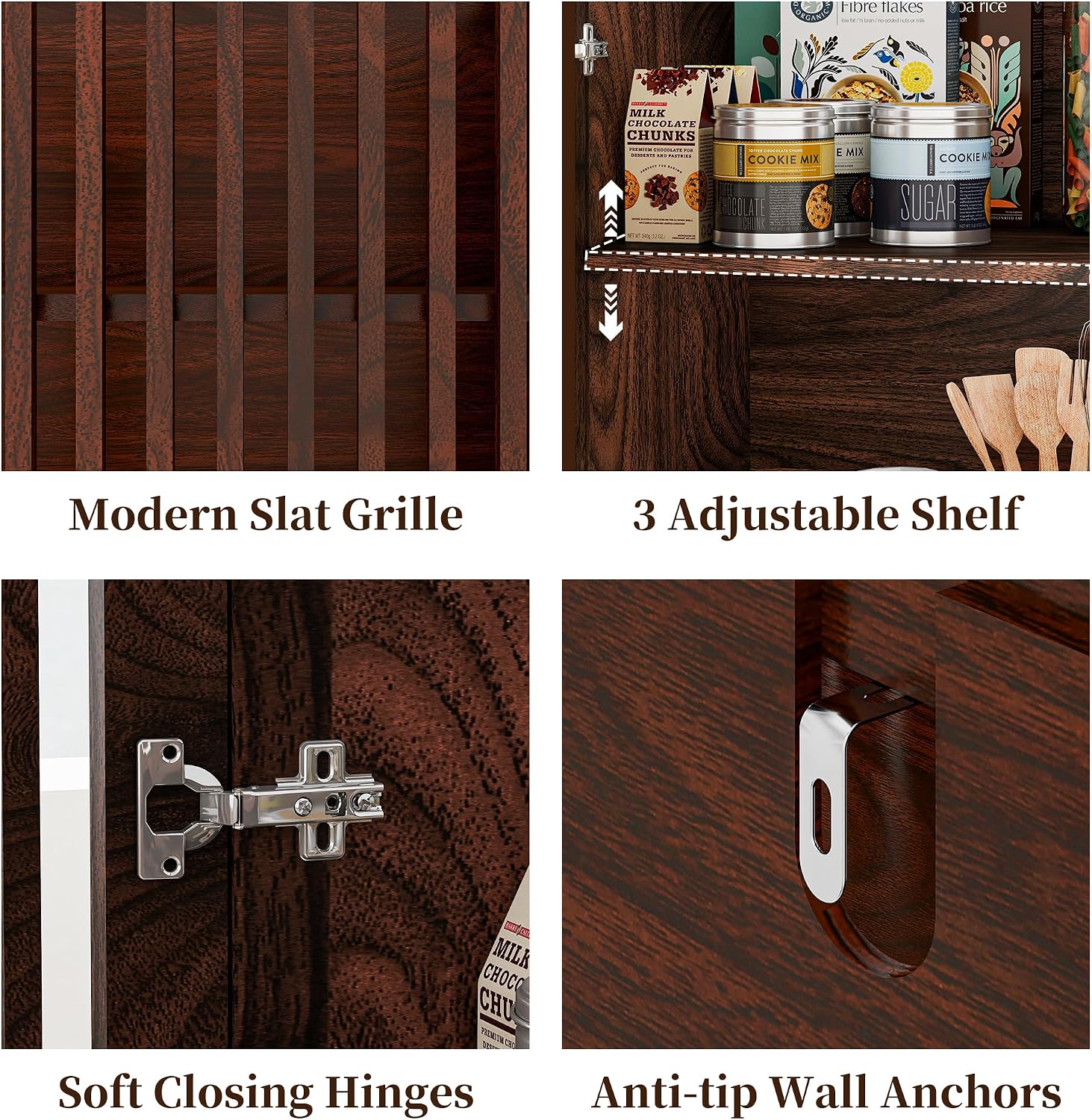 47" Walnut Farmhouse Buffet Sideboard Cabinet with Slat Doors for Kitchen | Wood Credenza with 4 Drawers & 2 Doors Coffee Bar Storage Cabinet with Adjustable Shelf for Living Room Entryway
