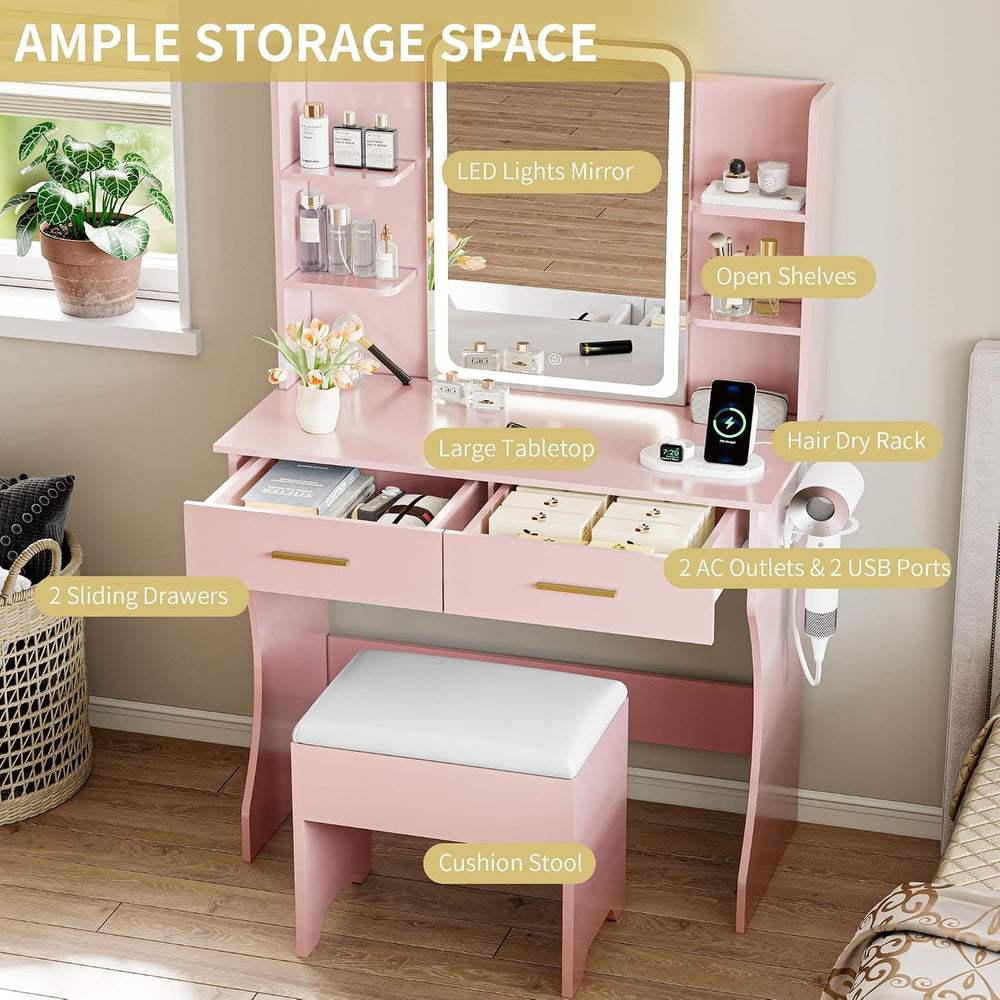 Vanity Desk with LED Lights Mirror & Power Outlet, Small Makeup Vanity Ta...