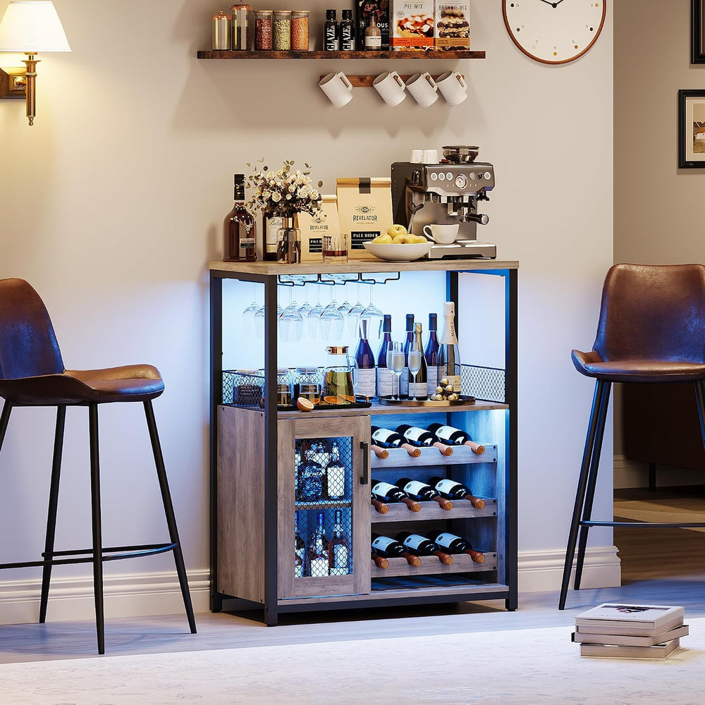 GAOMON Modern 36" Grey Wine Bar Cabinet with LED Lights & Mesh Door,...