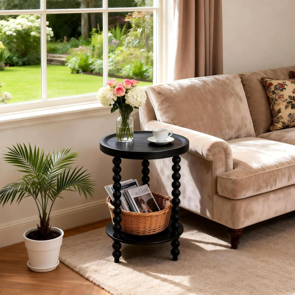 Round 2 Tier Side Table, End Table with Storage Shelf, Modern Nightstand Besi...