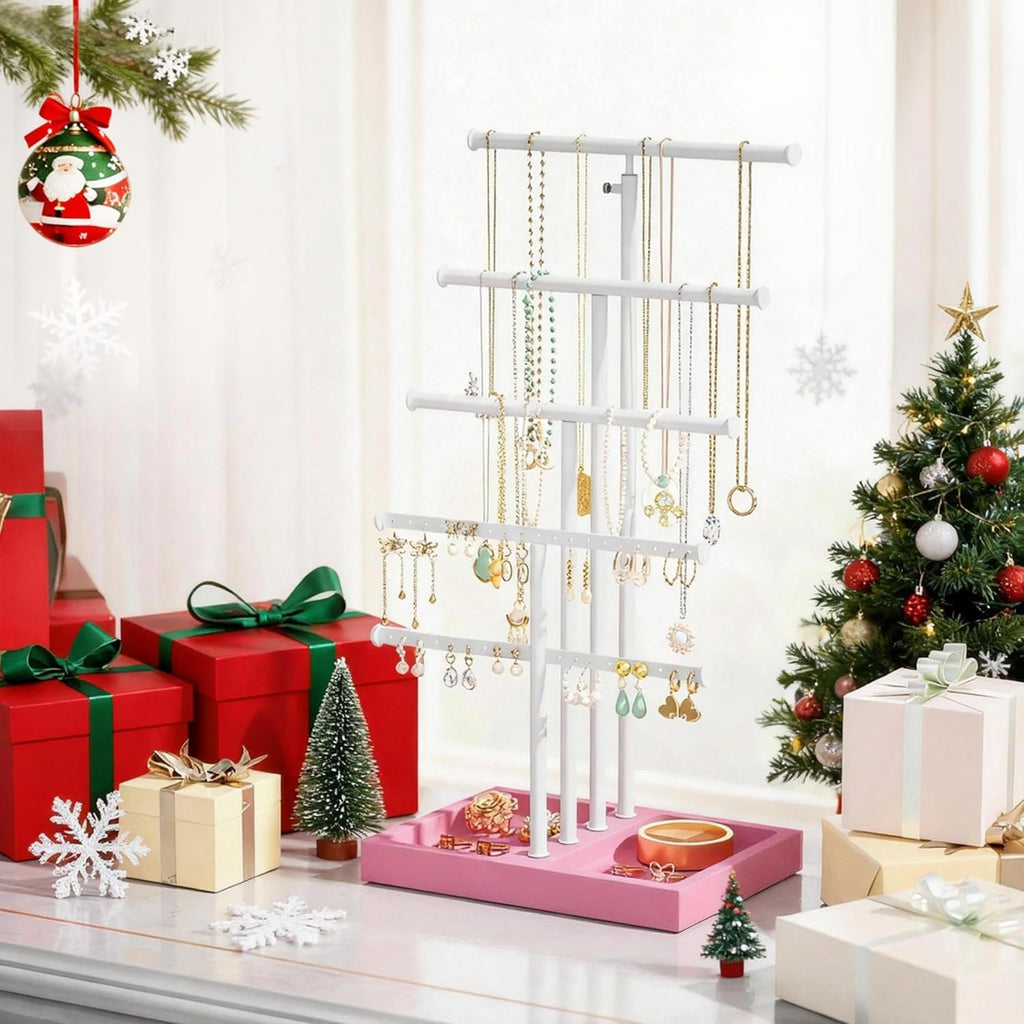 Love-KANKEI Jewelry Organizer Stand, 5 Tier Large Necklace Holder with Wood Base, Jewelry holder stand Tree for Display, Bracelets Earrings Rings, Height Adjustable Gift Pink and White
