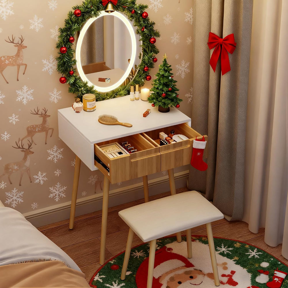 Pamapic Small Makeup Vanity Desk with Mirror and Lights, Girls Vanity with Cu...