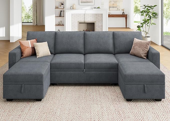 HONBAY Modular Sectional Sleeper Sofa Bed, Chenille Pull Out Couch with Storage Ottoman, U Shaped Sectional Couches for Living Room, Bluish Grey