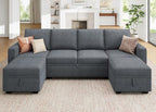 HONBAY Modular Sectional Sleeper Sofa Bed, Chenille Pull Out Couch with Storage Ottoman, U Shaped Sectional Couches for Living Room, Bluish Grey
