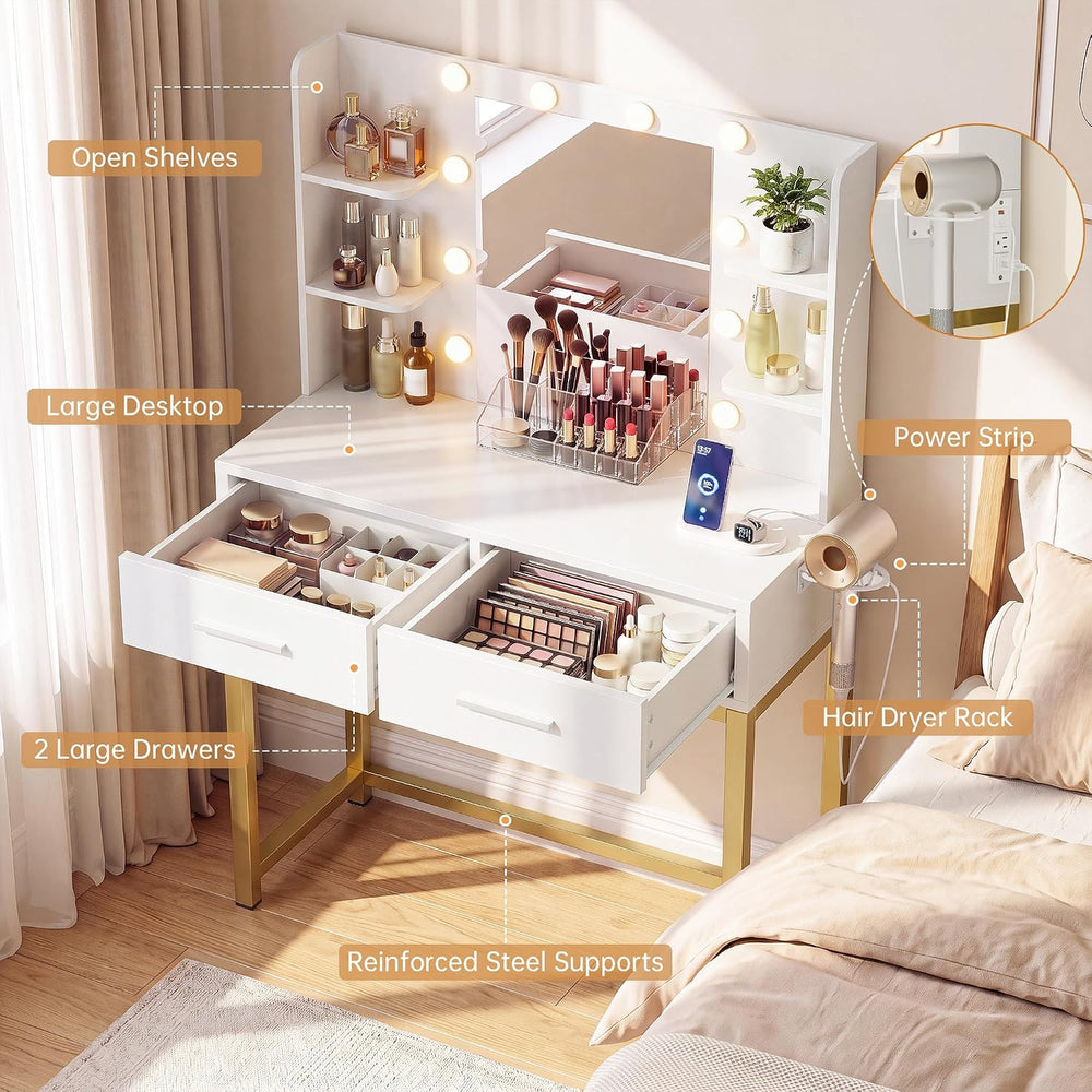 YESHOMY 31.5'' Small Vanity Desk with LED Mirror and Lights, White | ...