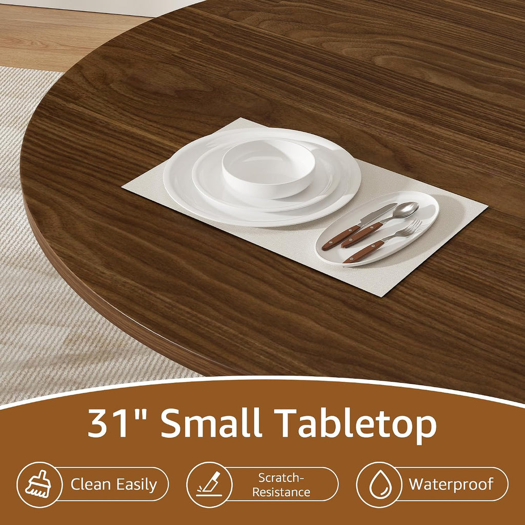 31.5 inch Round Dining Table for 2, Small Dinner Table with 2-Layer Storage Shelf, Morden Circle Kitchen Table with Wood Strip Base and Slide Door for Home Dining Room, Living Room, Walnut