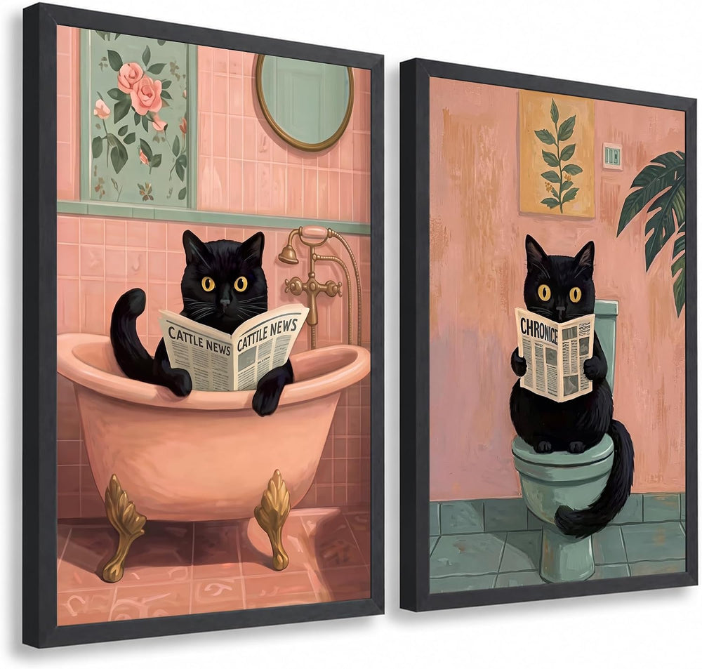 Funny Black Cat Bathroom Wall Art, Framed Set of 2, 12x16 in