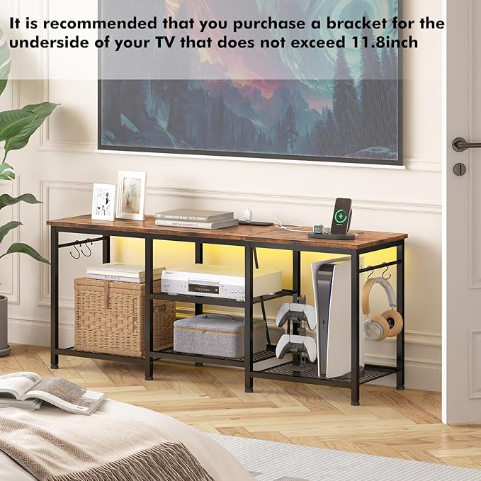 YGEOMER TV Stand Entertainment Center for 55 Inch TVs, with Charging Station and Lights Open Storage Shelves, TV Media Console, Open Storage Shelf with Sound Rack for Living Room, Rustic Brown