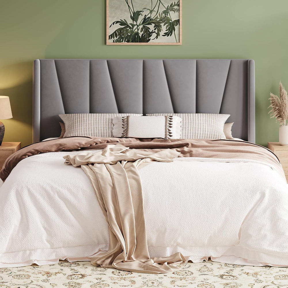 Allewie King Size Platform Velvet Bed Frame with Geometric Wingback Headboard...