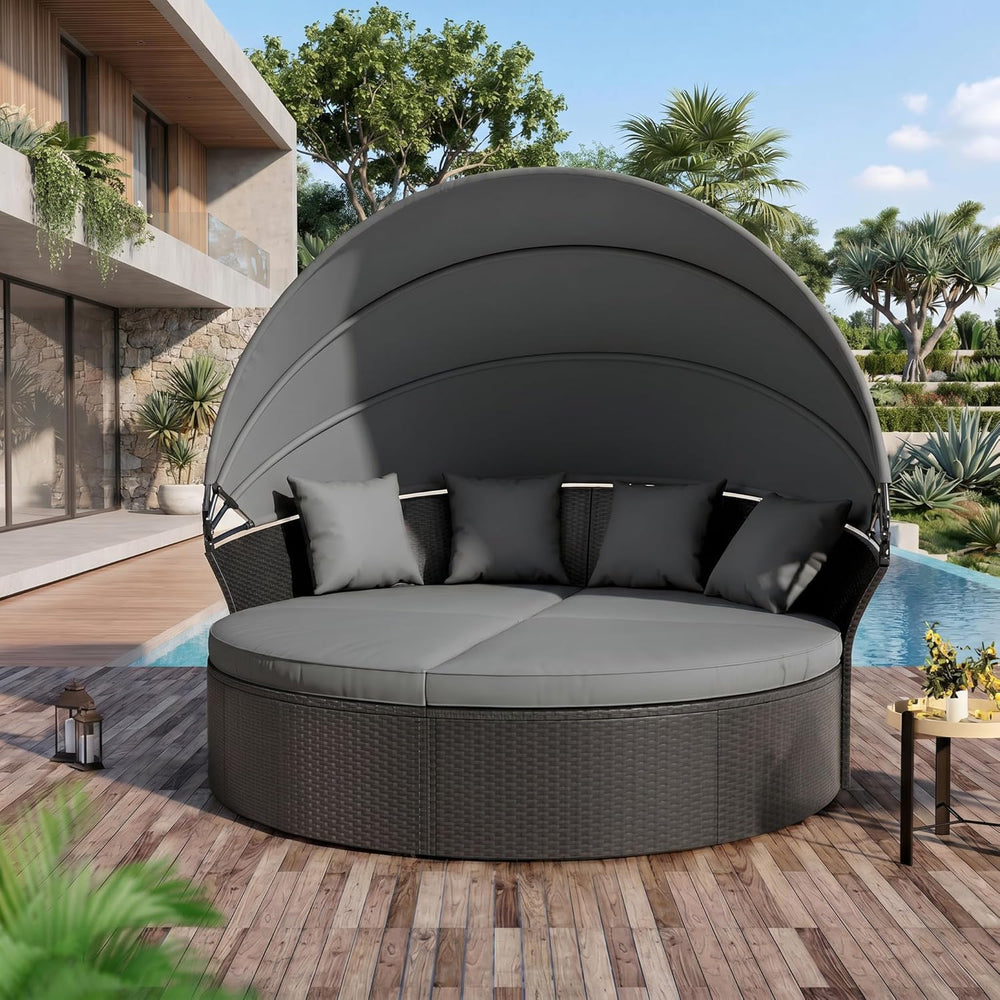 Crownland Round Patio Daybed with Retractable Canopy, Clamshell Wicker Sectio...