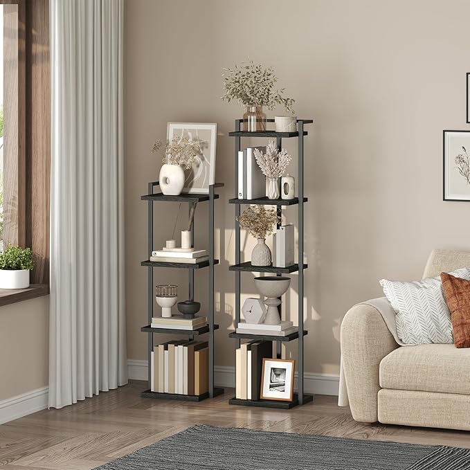 Bookshelf, 5-Tier Bookcase, Vertical Tall Narrow Book Shelf for Small Space, Open Storage Display Shelf with Stable Base & Anti-Tip Kits, for Living Room, Office, Study, Black BKBK11501