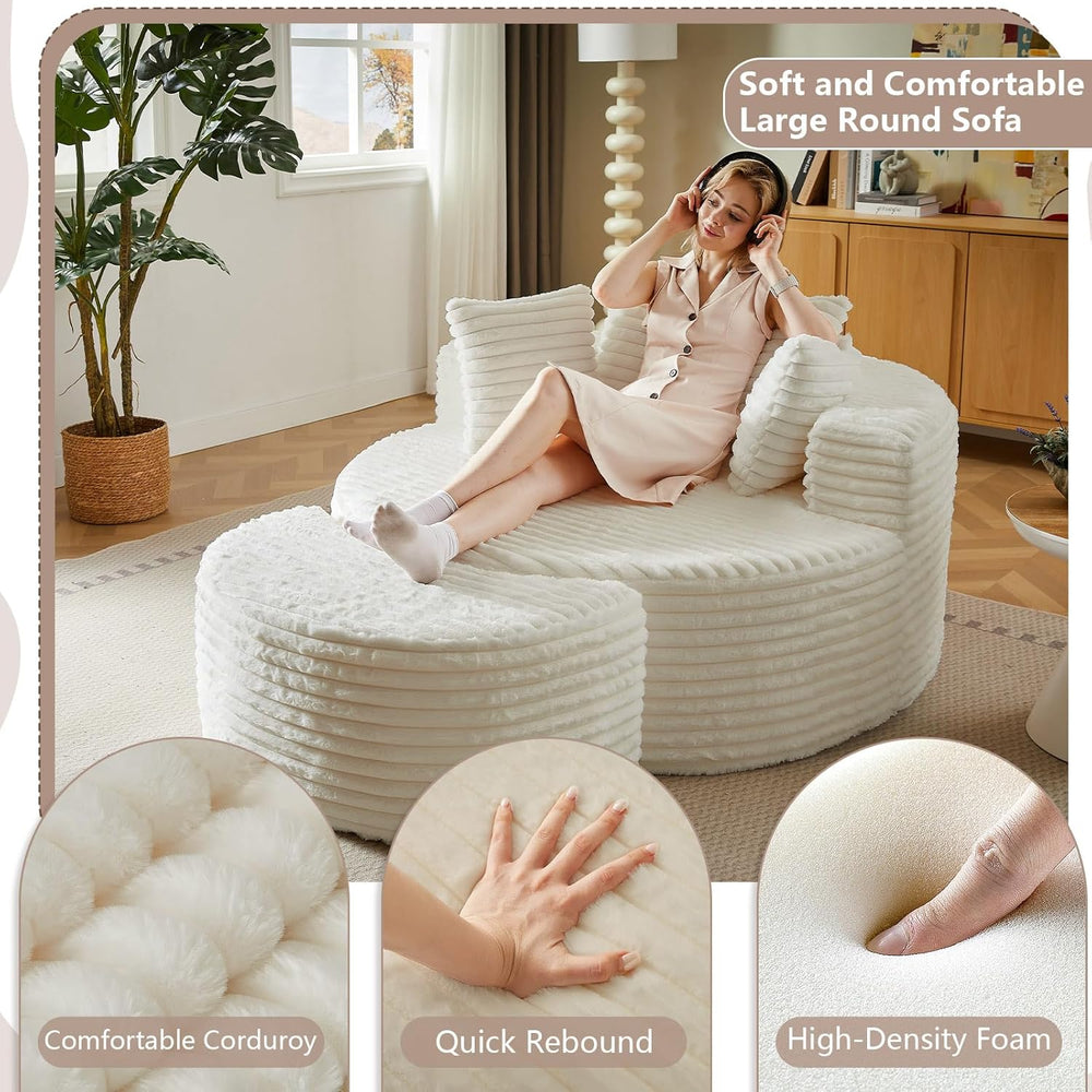 74.6" Oversized Round Chaise Lounge Chair with Ottoman Indoor, Fluffy Up...