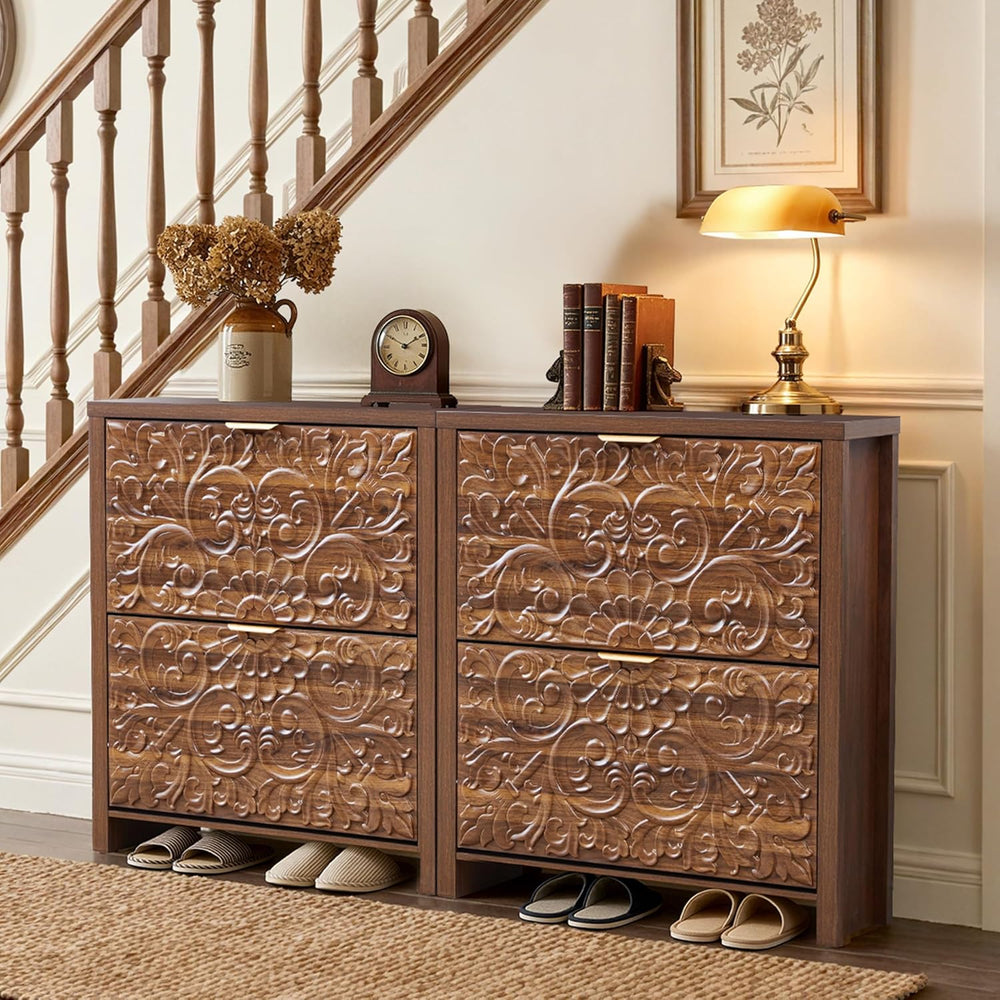Shoe Cabinet with Flip Drawers, Narrow Shoe Storage Cabinet, 2-Tier Hidden Sh...