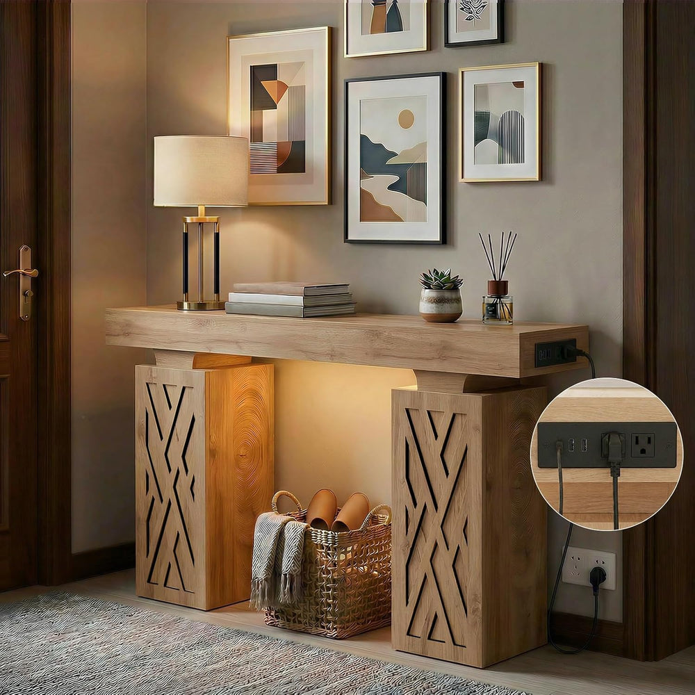 63-Inch Modern Console Table with LED & Outlet, Farmhouse Entryway Table ...