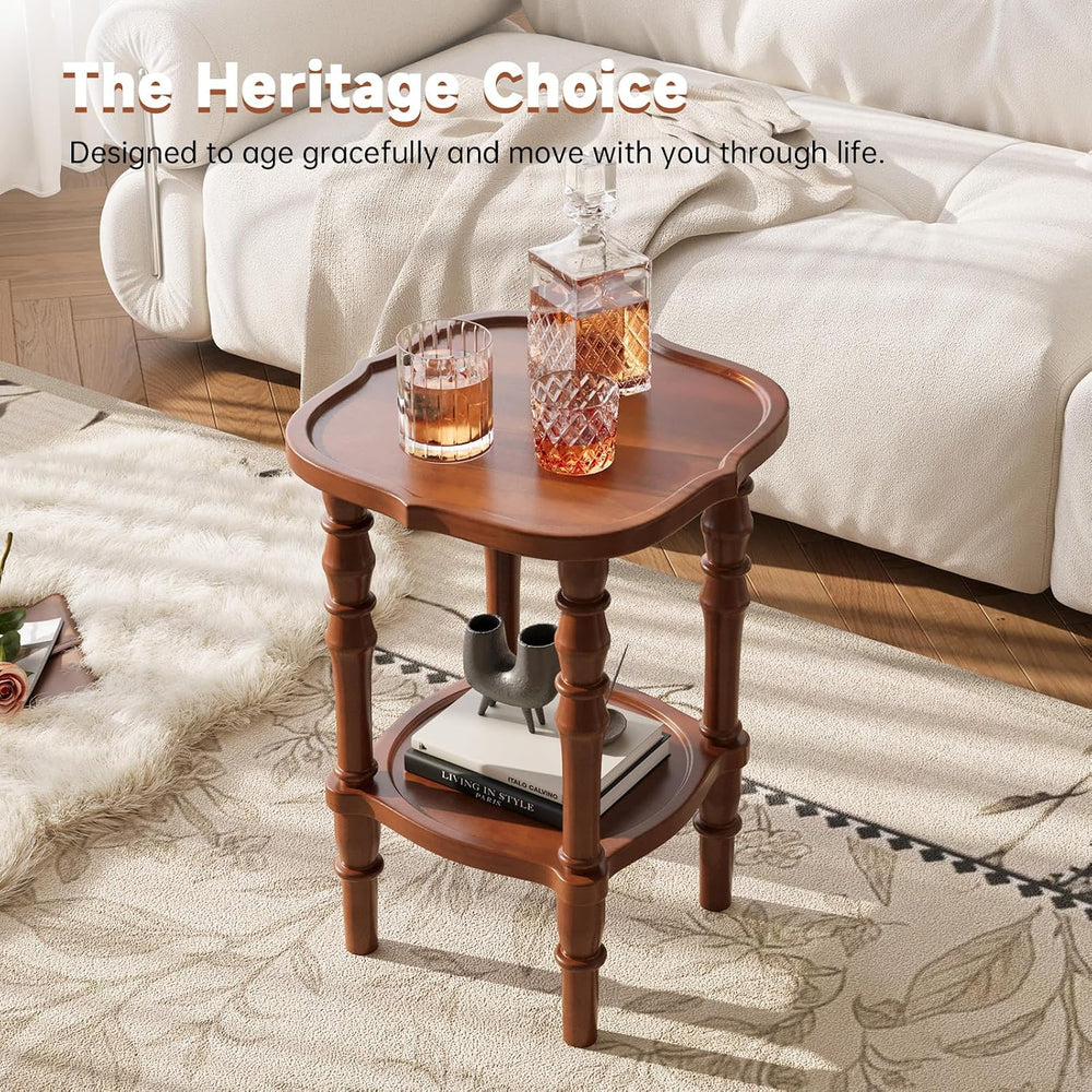 100% Solid Wood Side Table, Vintage 2-Tier Small Round End Table, Nightstand ...