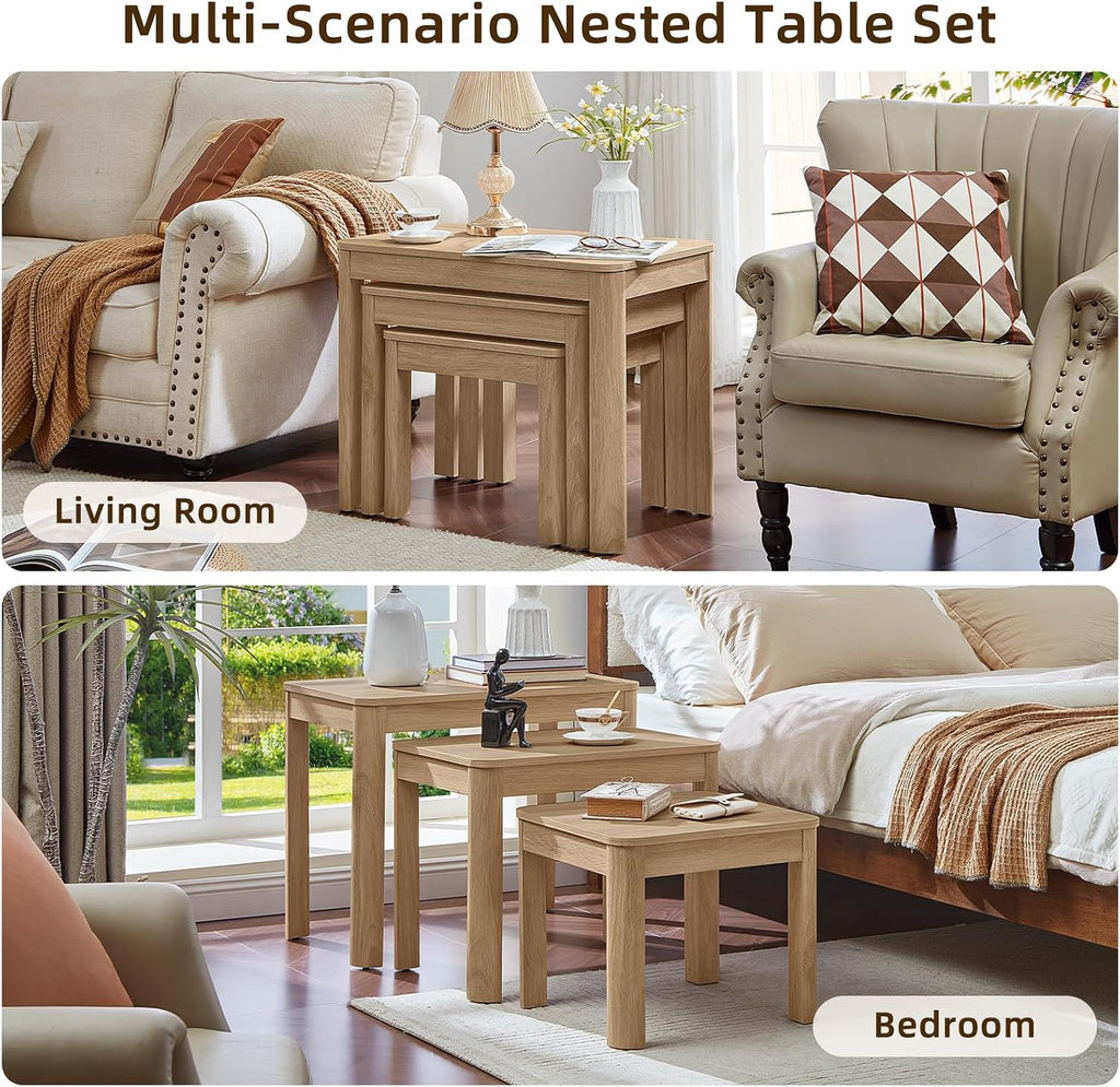 Joaxswe Farmhouse Nesting Tables Set of 3, Nesting Side Tables with Rounded Corners & 4 Thickened Table Legs, Natural Wood
