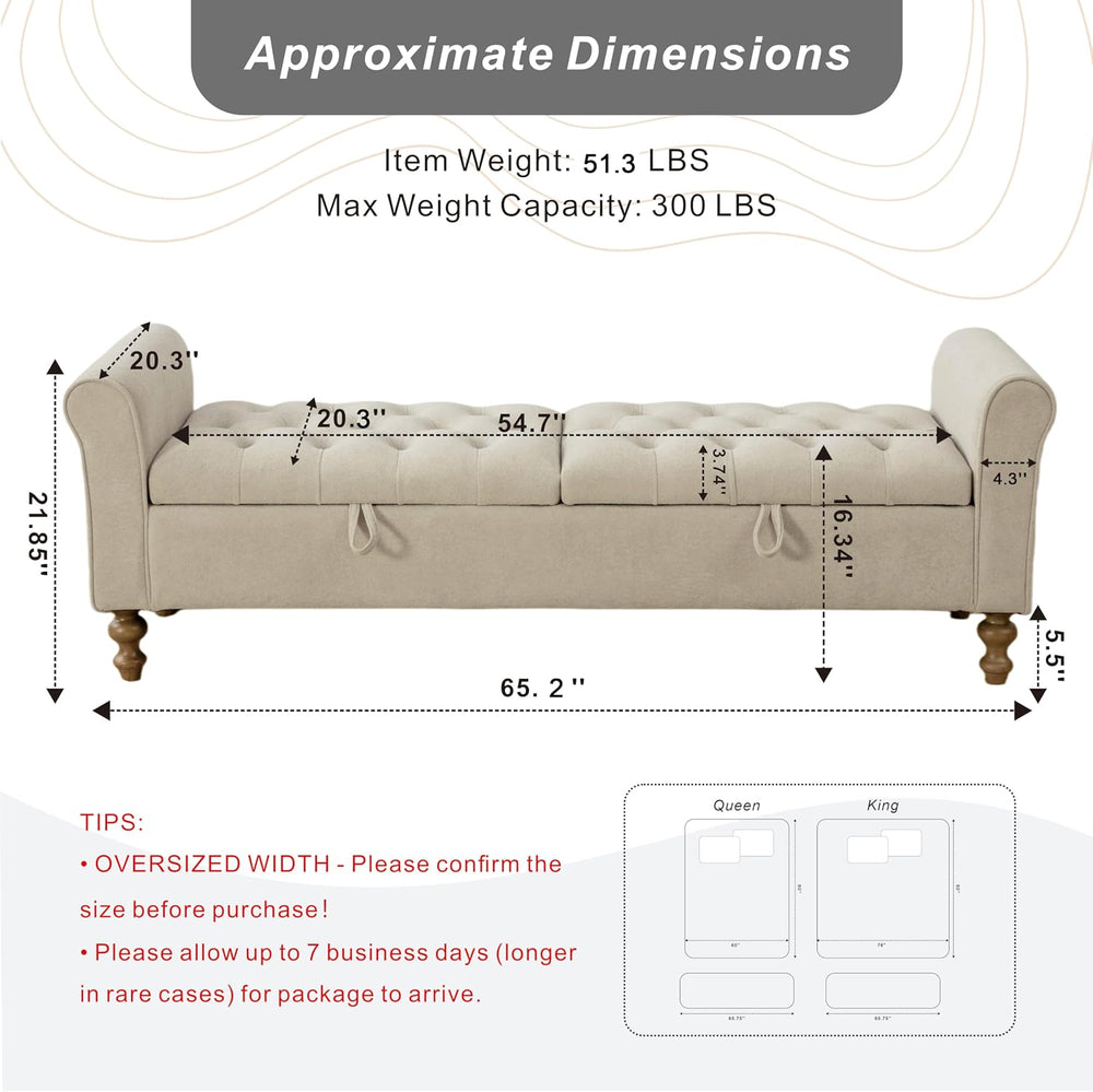 Storage Bench for Bedroom, 65.2'' Tufted End of Bed King Size Upholst...