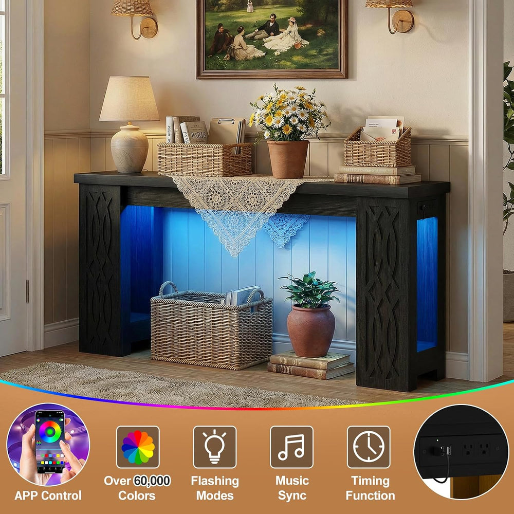 Cyclysio 63" Console Table with Outlet & Colorful LED Lights, Black ...