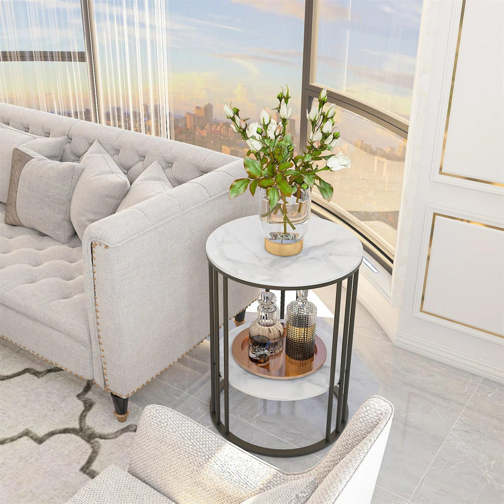 15.7Wx15.7Dx21.3H inch 2-Tier White Marble Side Table Round Coffee Table Nigh...