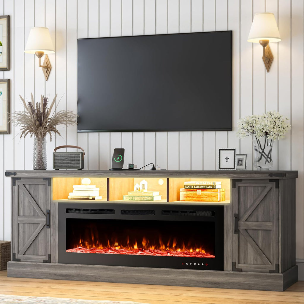 77 INCH Fireplace TV Stand for 85 Inch TVs, Farmhouse Entertainment Center with 50" Electric Fireplace and Power Outlets, LED Media Console Cabinet for Living Room, Grey