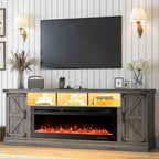 77 INCH Fireplace TV Stand for 85 Inch TVs, Farmhouse Entertainment Center with 50" Electric Fireplace and Power Outlets, LED Media Console Cabinet for Living Room, Grey
