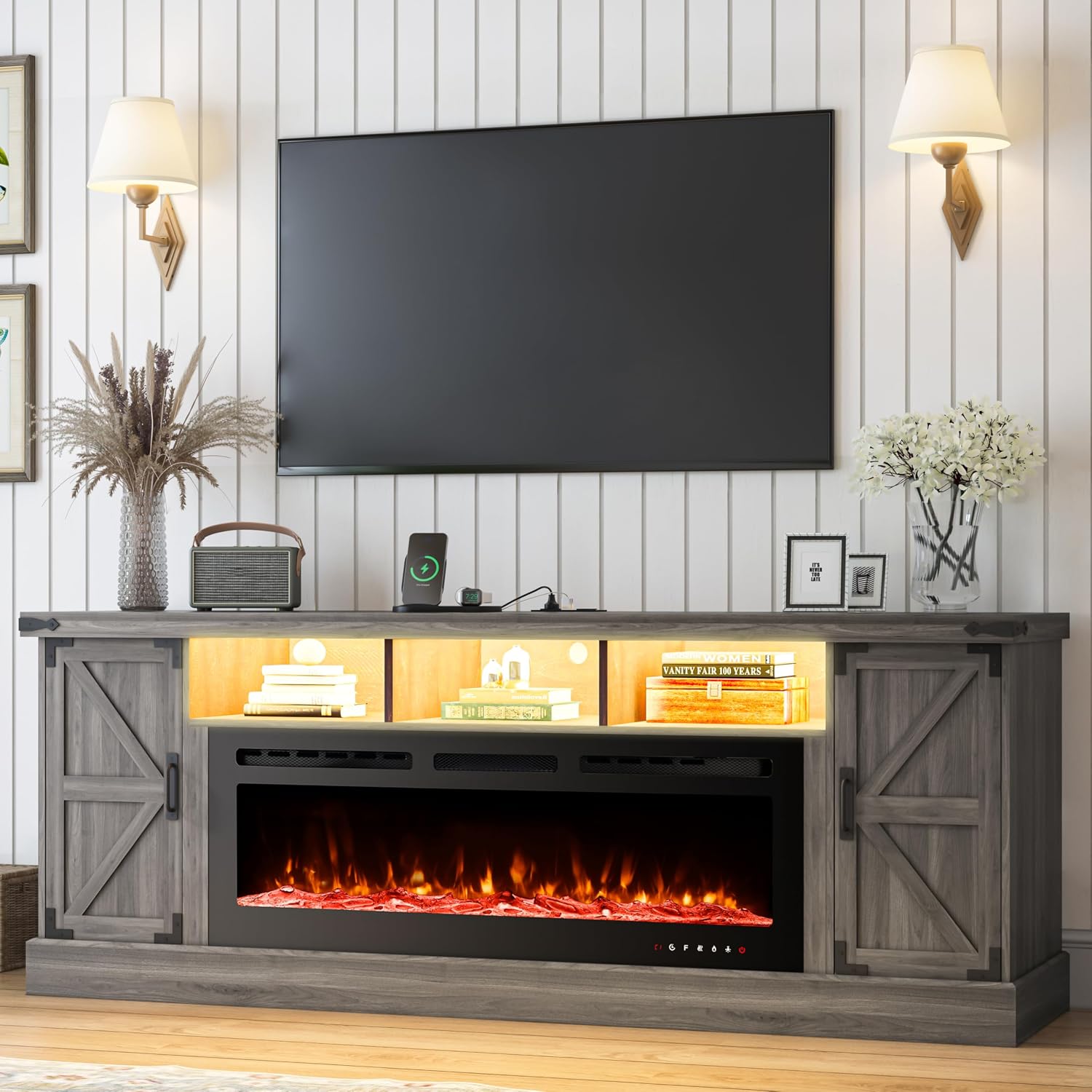 77 INCH Fireplace TV Stand for 85 Inch TVs, Farmhouse Entertainment Center with 50" Electric Fireplace and Power Outlets, LED Media Console Cabinet for Living Room, Grey