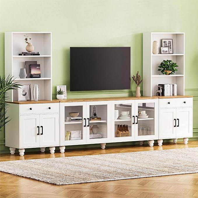 Ball & Cast Farmhouse TV Stand with Bookshelves for TVs up to 70", Media Console w/Tempered Glass Doors & Solid Wood Gourd-Shaped Legs, Entertainment Center for Living Room,White+Natural