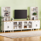 Ball & Cast Farmhouse TV Stand with Bookshelves for TVs up to 70", Media Console w/Tempered Glass Doors & Solid Wood Gourd-Shaped Legs, Entertainment Center for Living Room,White+Natural