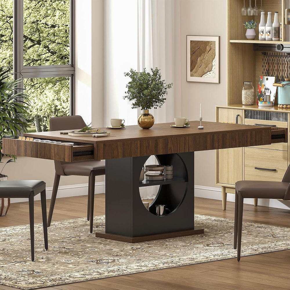 Dining Table for 4-6 People, 55 Inches Dinner Table with Drawers and Open Sto...