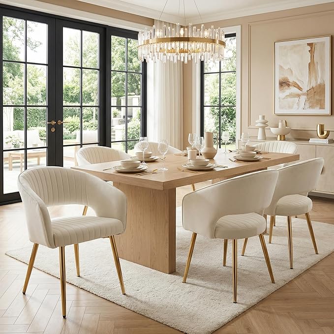 Cream Velvet Dining Chairs Gold Legs, Modern Dining Room Chairs with Arms Set of 4 Upholstered Accent Chair Armchair with Barrel Back for Kitchen Living Room
