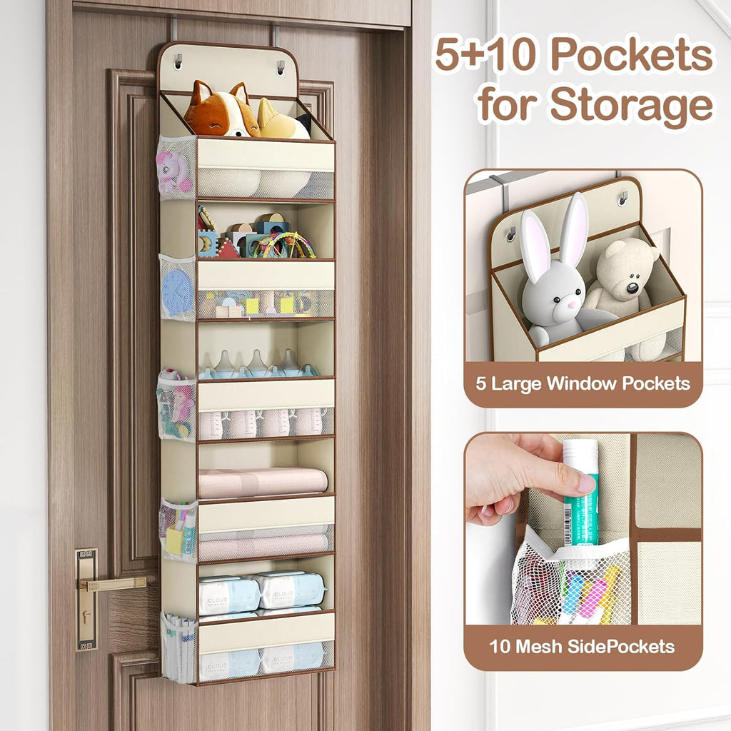 LAMU 5 Tier Over the Door Organizer Hanging, Swing - Proof Closet Behind Door Storage with 5 Large Pocket and 10 Side Pockets, Back of Door Organizers for Bedroom, Nursery and Bathroom (1 Pack, Beige)