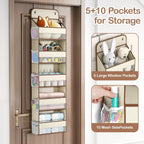 LAMU 5 Tier Over the Door Organizer Hanging, Swing - Proof Closet Behind Door Storage with 5 Large Pocket and 10 Side Pockets, Back of Door Organizers for Bedroom, Nursery and Bathroom (1 Pack, Beige)