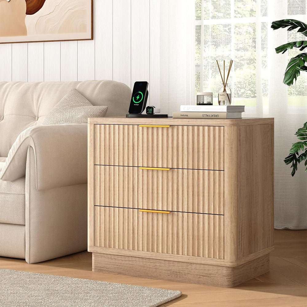 ELYKEN 24" Nightstand with 3 Drawers & Outlet, Fluted End Table Natu...