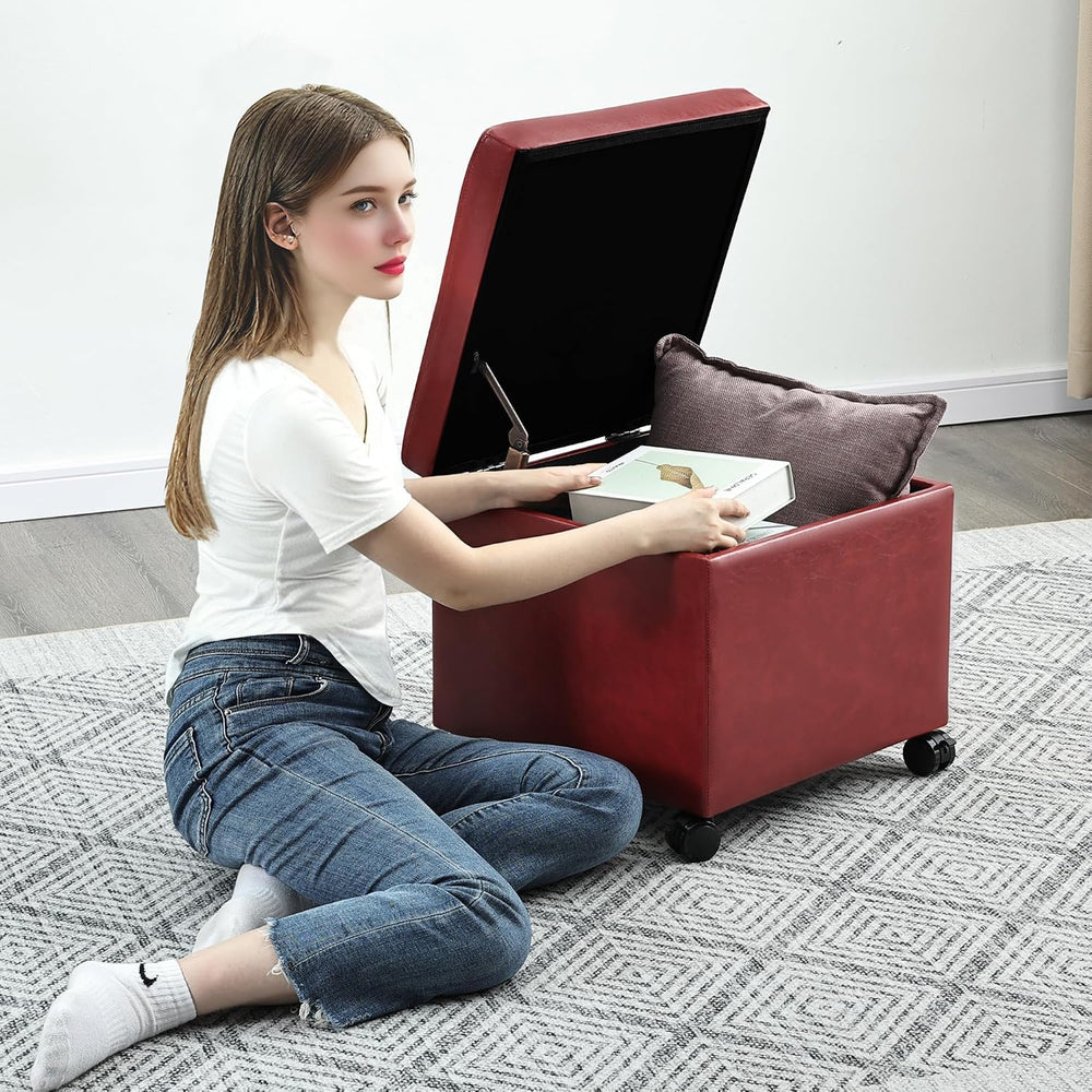 Homebeez Storage Ottoman with Rolling Wheels, PU Leather Tufted Cube Footrest...