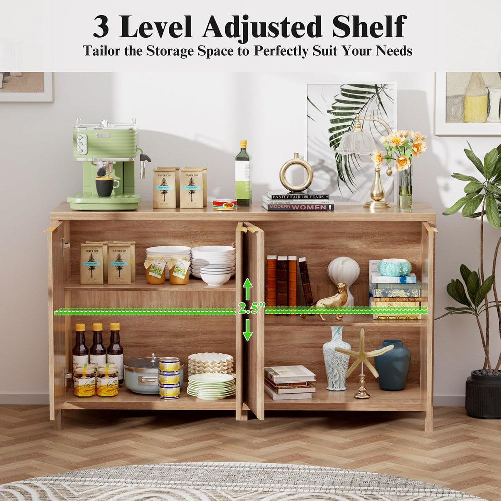 Fluted Sideboard Buffet Cabinet, 55" Large Storage Buffet Cabinet with 4...