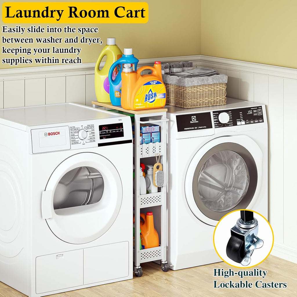 Utility Slim Storage Cart, 4 Tier Small Rolling Kitchen Laundry Room Cart with Wood Top, Metal Narrow Bathroom Storage Cabinet Mobile Shelf Unit Organizer Trolley with Handle for Narrow Space