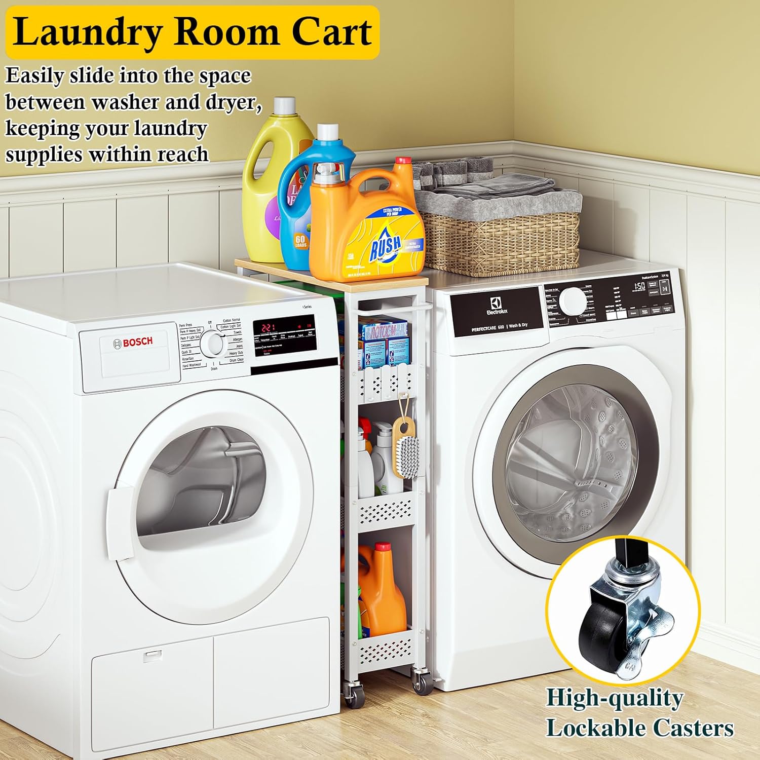 Utility Slim Storage Cart, 4 Tier Small Rolling Kitchen Laundry Room Cart with Wood Top, Metal Narrow Bathroom Storage Cabinet Mobile Shelf Unit Organizer Trolley with Handle for Narrow Space