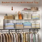 4 Pack Closet Organizers and Storage with Wood Top, Stackable Closet Shelf Organizer, Double Storage Design, Clothes Storage Basket/Cube Organizer for Wardrobe, Sturdy, White (Patent Pending) ﻿