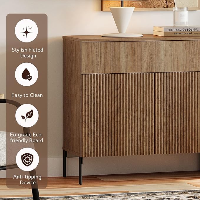 WAMPAT Fluted TV Stand for TVs up to 100", 3 in 1 Modern Entertainment Center with Storage Cabinets and 5 Drawers & 4 Doors,Wood Media TV Console Table with Storage for Living Room, Light Walnut