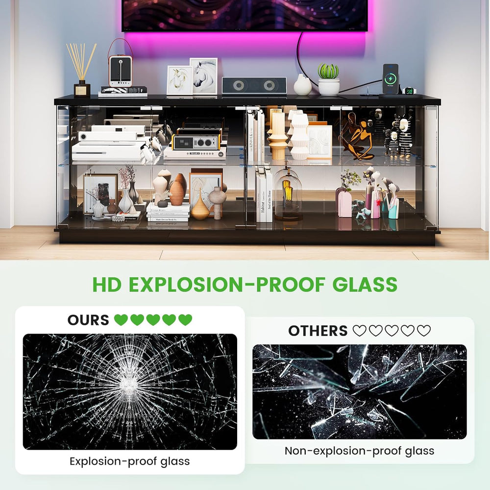 HNEBC 71" Glass TV Stands with Charging Station&Light for Living Roo...